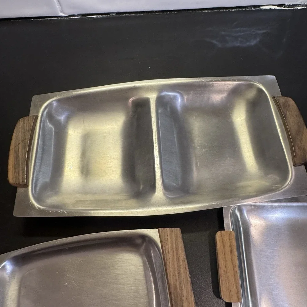 Vintage Imperial‎ Japan Relish Dish Tray Wooden Handles Set Of 5 Stainless MCM